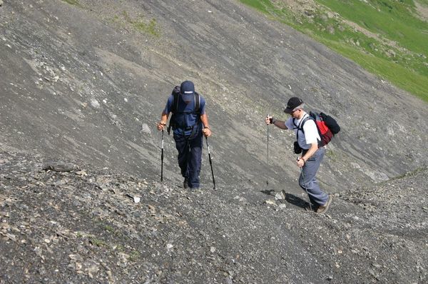 The path turns from alpine meadow to steep shale