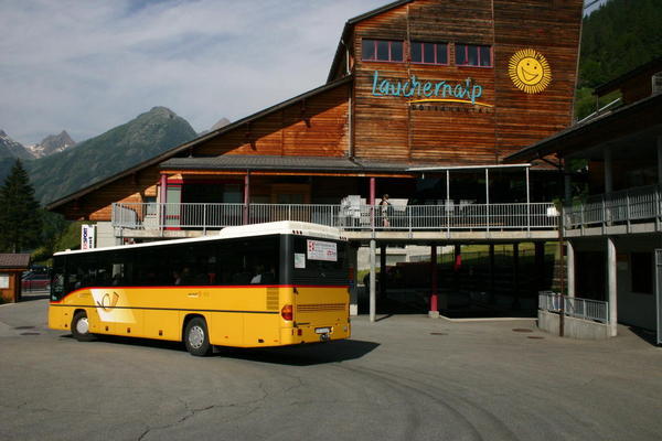 The bottom station of the Lauchneralp cable car at Wiler where the Post Bus stops